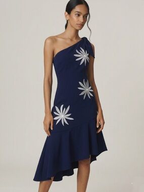 Milly Beatrice Navy Blue One Shoulder Embroidered Dress Size 4 Resort